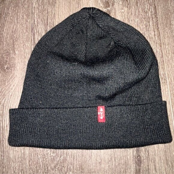 LEVI'S Beanie Hat Black Ribbed Fold Over Cuff Logo Adult Unisex - Picture 1 of 4